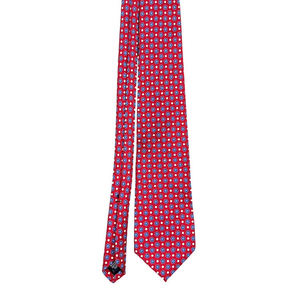 Lands End Silk Red Floral‎ Long Tie Handsewn in USA Vintage Classic Preppy Style
